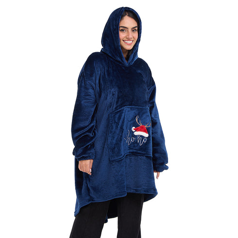 Snuggs Blanket Hoodie Dark Blue Christmas Ho Ho Ho Pocket